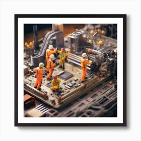 Miniature Workers Working On A Computer Art Print