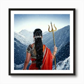 Firefly Indian, Married Woman, Sari, Traditional, Durga, Trident, Weapon, Snow, Hills, Backward View (9) Art Print