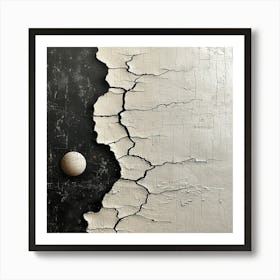  'Divided Harmony', an art piece that speaks to the beautiful imperfection of wabi-sabi philosophy. This striking work contrasts a rugged, cracked white surface with a smooth, spherical form, nestled in a dark, textured recess.  Wabi-Sabi Art, Textured Contrast, Minimalist Imperfection.  #DividedHarmony, #WabiSabi, #TexturedArt.  'Divided Harmony' is an embodiment of beauty in asymmetry, offering a profound visual statement that embraces the authenticity of natural decay. It's an ideal choice for spaces that resonate with the idea of finding perfection in imperfection, adding depth and a contemplative dimension to minimalist design. Art Print