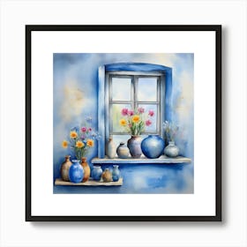 Blue wall. Open window. From inside an old-style room. Silver in the middle. There are several small pottery jars next to the window. There are flowers in the jars Spring oil colors. Wall painting.6 Art Print