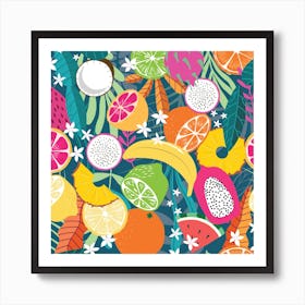 Tropical Fruits Pattern On Deep Green Square Art Print