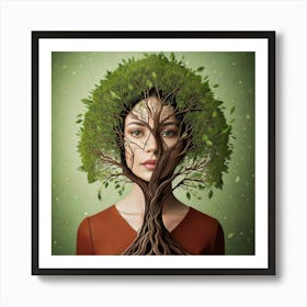 Firefly Fantasy, Woman, Tree, Elements, Green, Brown, Painting, Surreal, Speakeasy, Vibe, Realistic, (8) Art Print