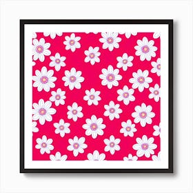 Daisy pattern, white flowers on pink background  Art Print