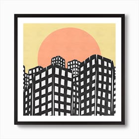 Cityscape, buildings, sunset, illustration, wall art  Art Print