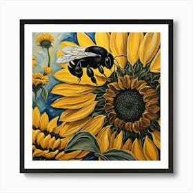 Bee On Sunflower Art Print