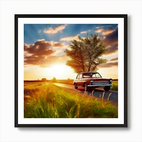 Sunset Car On The Road Art Print