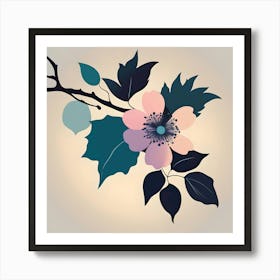 Branch With Coral And Turquoise Flower On Beige Background Art Print