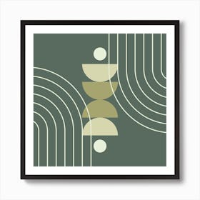 Mid Century Modern Geometric Abstract Shapes, Rainbow, Sun, Moon Phases in Sage Green 1 Art Print