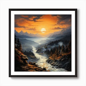 Sunset Over Foggy Mountains Art Print