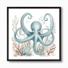 Cute Storybook Style Octopus Blue & White  1 Art Print