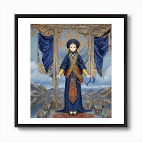 (6)The image depicts a woman in a blue robe and hat, standing on a platform with a backdrop of mountains and a blue sky. She is holding a red object in her right hand and has a book in her left hand. Art Print