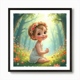 Baby Girl With A Floral Headband In A Magical Watercolor Forest Art Print