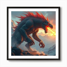 Titan Beast With Fire Breath, Colorful Mountains In Background 1 Art Print