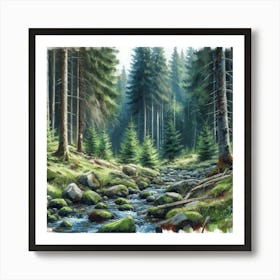 Forest Stream, Watercolor Painting Style Art Print