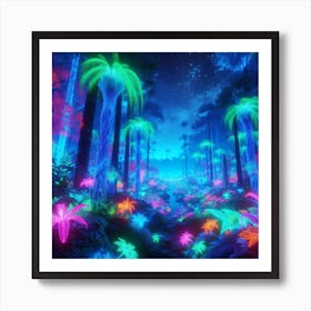 A surreal, bioluminescent jungle where towering, neon-hued flora and fauna create a vibrant, psychedelic ecosystem under a starlit canopy. Art Print