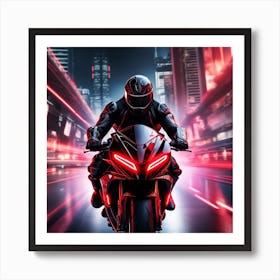 The Image Depicts A Futuristic Scene With A Black And Red Motorcycle Ridden By A Cyborg 3 Art Print