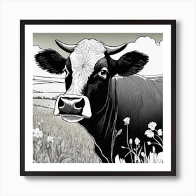 Art Of Cute Cow In The Green Land Black And White Art Print