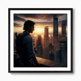 Man Looking Out Over A City Poster