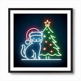 Christmas Cat With Christmas Tree Art Print