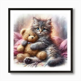 Kitten Hugging Teddy Bear Art Print