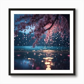 Lakeside Cherry Blossom Tree lit by Moonlight Art Print