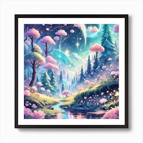 A Fantasy Forest With Twinkling Stars In Pastel Tone Square Composition 322 Art Print