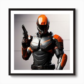 A Futuristic Warrior Stands Tall, His Gleaming Suit And Orange Visor Commanding Attention 21 Art Print