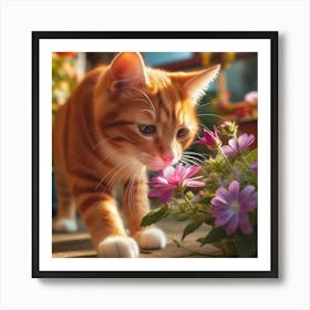 Cat Sniffing Flowers 1 Art Print