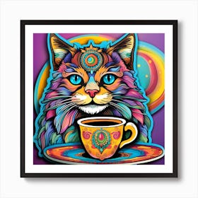 Cat With A Cup Of Coffee Whimsical Psychedelic Bohemian Enlightenment Print 9 Art Print