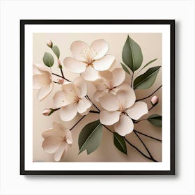 Firefly Soft Cherry Blossoms With Minimal Black Outlines On A Beige Background, With Subtle Leaves I (1) 1 Poster