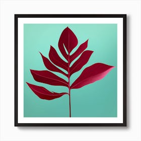 Burgundy Tropical Leaf against a see blue background, 1273 Art Print