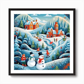 Snowman Village 3 Art Print