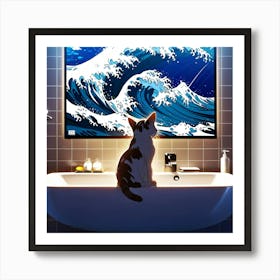 Default The Great Wave Off Kanagawa Inspired Cat Bathroom Art 3 Art Print