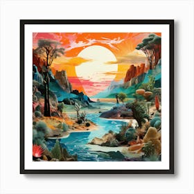 Sunset In The Desert, A Vibrant Collage Of Different Ecosystems Deserts Forests Oceans Seamlessly Blending Together Art Print