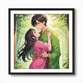 A girl wearing pink kimono hugging a boy wearing green kimono. Art Print