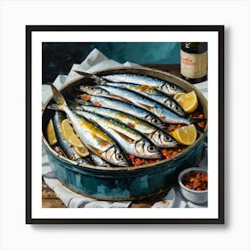 A Plate Of Sardines Top View Food Illustration Kitchen , Art Print