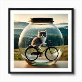 A Serene And Cinematic Photograph Of A Adorable Grey Cat On A Bike In A Glass Jar Art Print