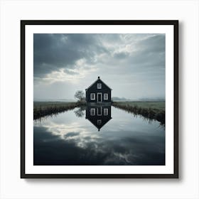 Old House Reflected In A Tranquil Pond Surrounded By Clouds On A Black Background Creating A Seren Art Print