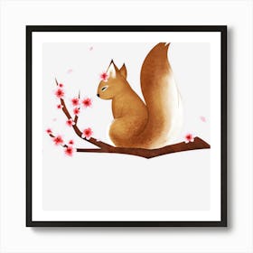 Vintage Squirrel Japanese Cherry Blossom Flower Art Print