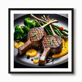 Steak And Vegetables On A Black Plate Art Print