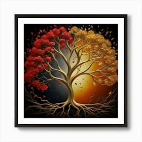 Template: Half red and half black, solid color gradient tree with golden leaves and twisted and intertwined branches 3D oil painting 4 Art Print