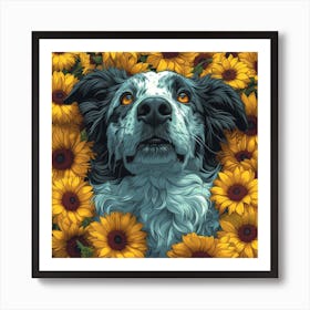 Dog In Sunflowers Art Print