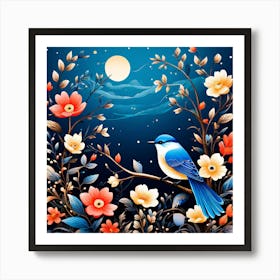 A Bright Toned Design With Flowers And Leaves Trees And Birds A Beautiful And Simple Picture Blue Bird In The Night Art Print