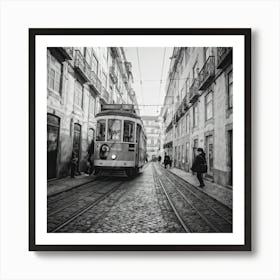 Black And White Photo Lisbons Vintage Tramway Weaving Through Narrow Historic City Streets Tram D (5) Art Print