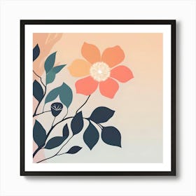 Unique Flower On Branch With Leaves, Warm Pastel Colors Art Print