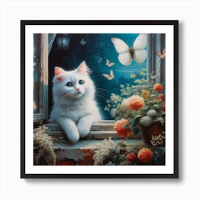 White Cat In The Window Art Print