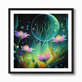 Abstract oil painting: Water flowers in a night garden 13 Art Print