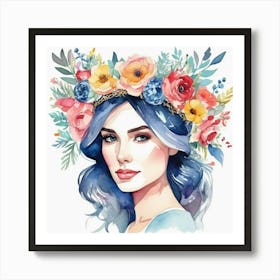 Watercolor Girl With Flowers Art Print