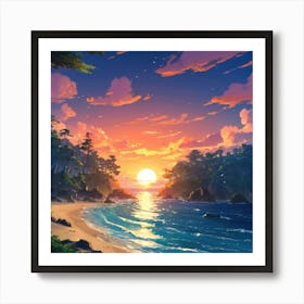 Serene Sunset Over A Secluded Beach With Lush Forest and Radiant Sky Art Print