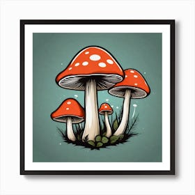 Three Mushrooms On A Green Background Art Print